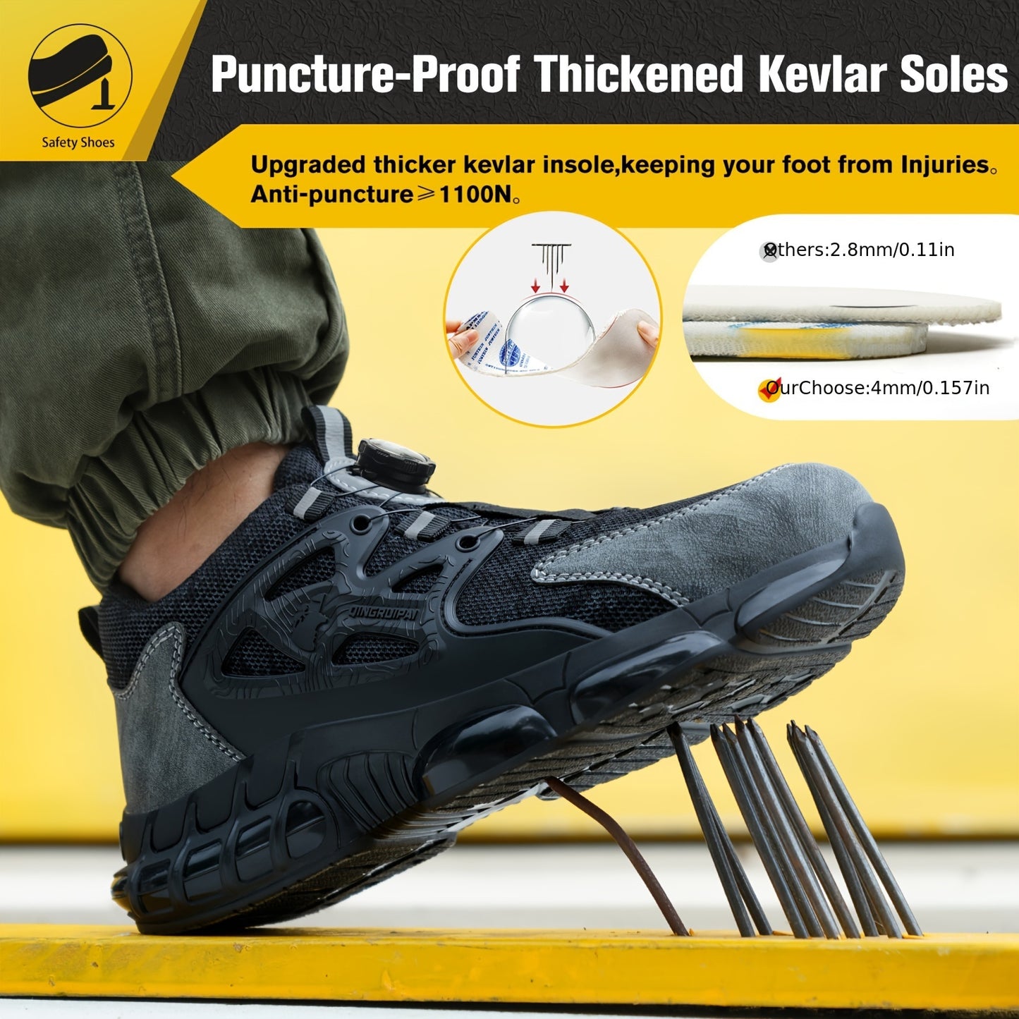 Plus Size Men's Solid Color Steel Toe & Puncture Proof Safety Shoes With Rotating Buckle, Comfy Non Slip Durable Shock Absorbing Work Shoes, Men's Industrial Footwear