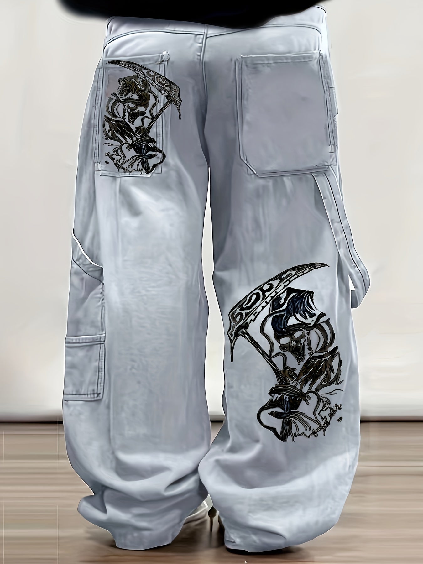 Men's Y2K Style Cotton Blend Jeans, Gothic Scythe Print, Loose Fit, Regular Length, Unstretched Denim, All-Season, Streetwear, Adult Casual Wear