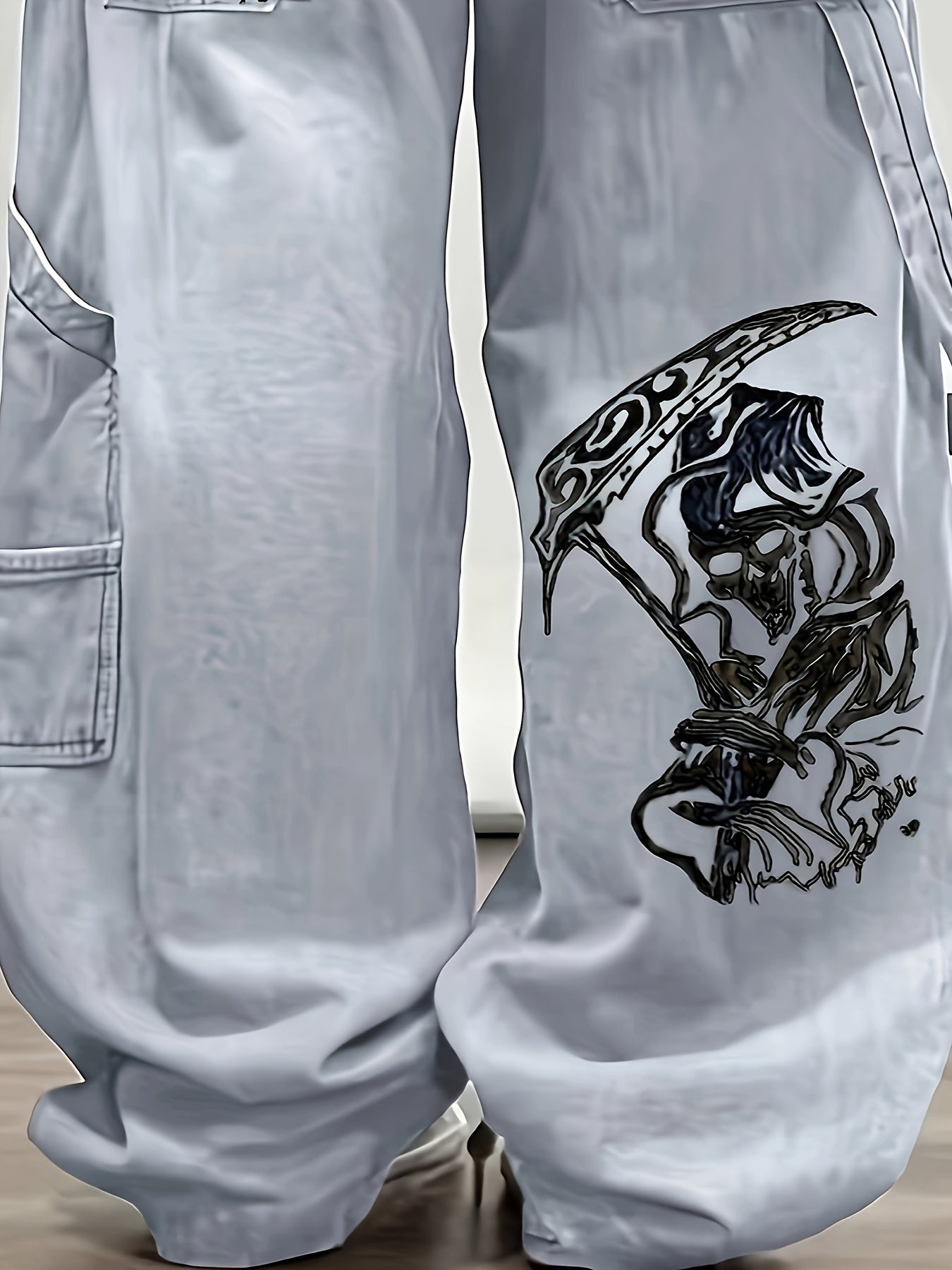 Men's Y2K Style Cotton Blend Jeans, Gothic Scythe Print, Loose Fit, Regular Length, Unstretched Denim, All-Season, Streetwear, Adult Casual Wear