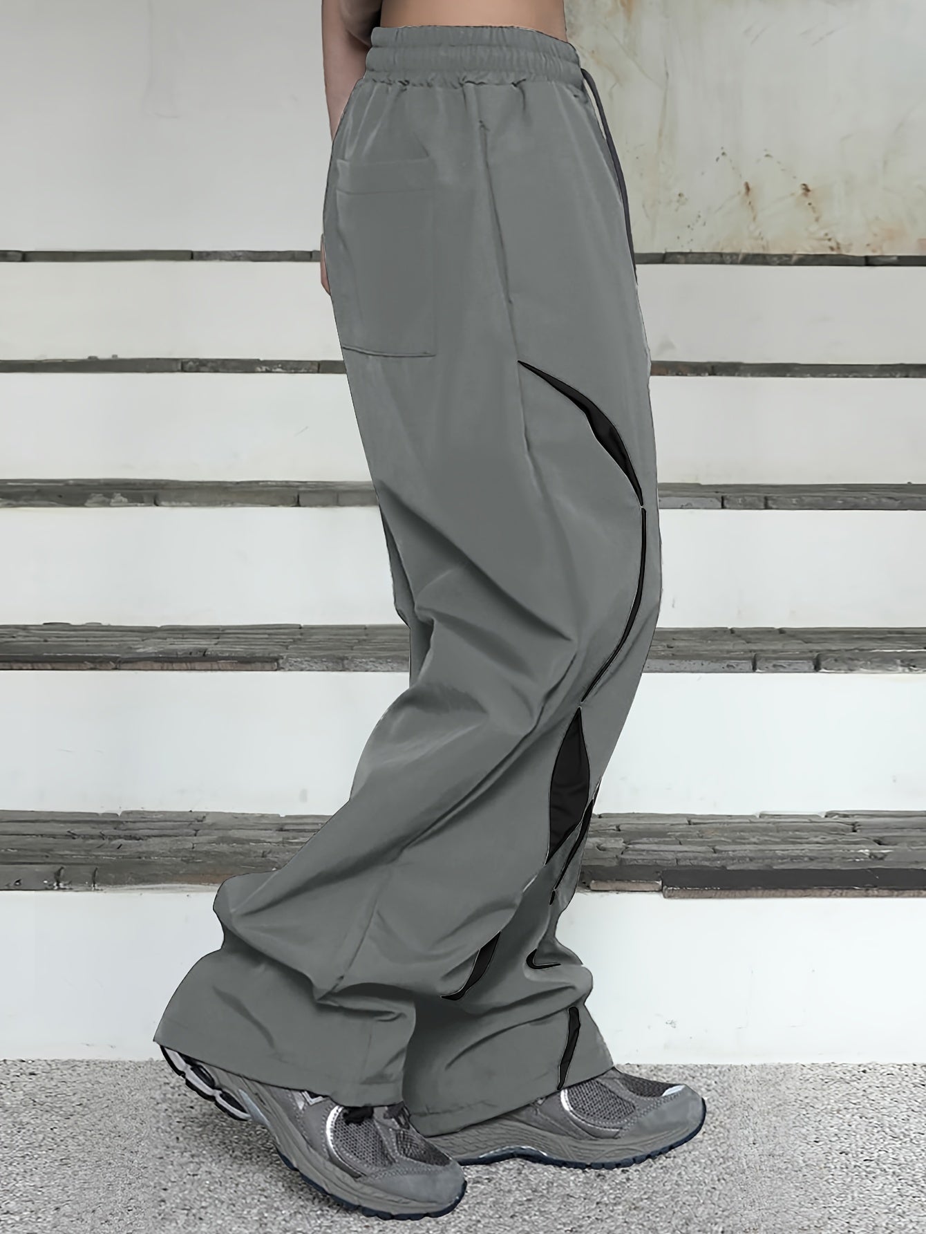 Men's Loose Color Block Pants With Pockets, Casual Drawstring Trousers For Outdoor Activities Gift, Outdoor Cloth