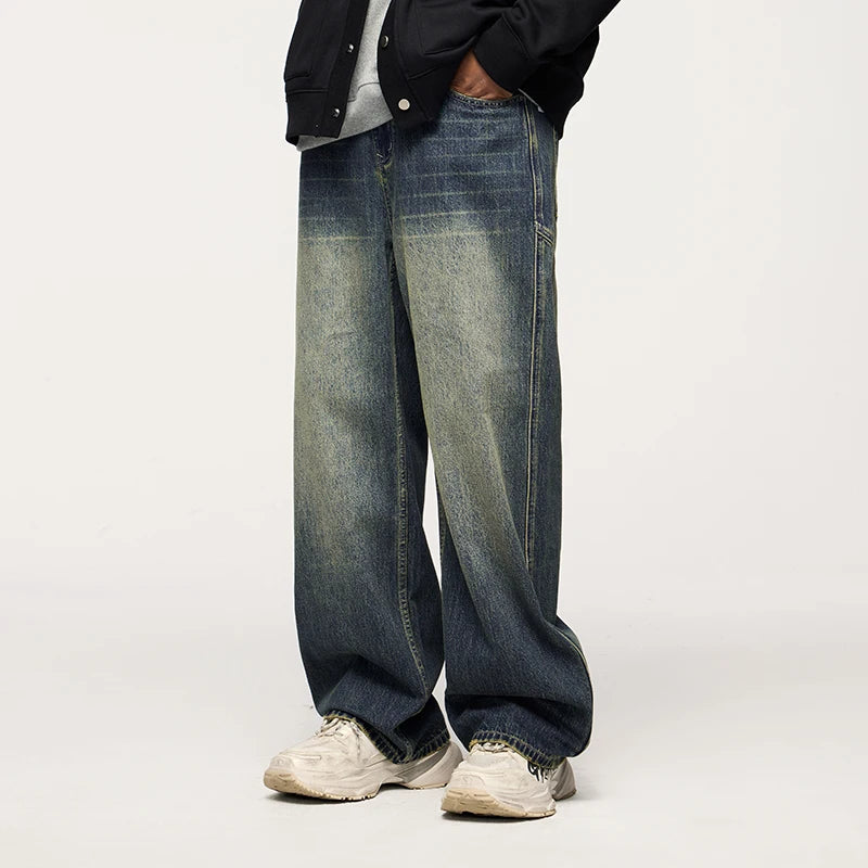 INFLATION Retro Washed Jeans Unisex Stretch Straight Leg Denim Trousers