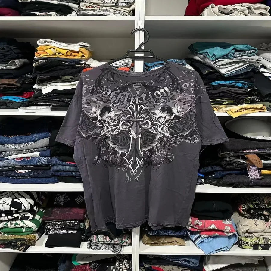Y2K Affliction T shirt New Harajuku Hip Hop Round Neck Oversized T shirt Men Women Short Sleeved Goth Clothing Tops Streetwear