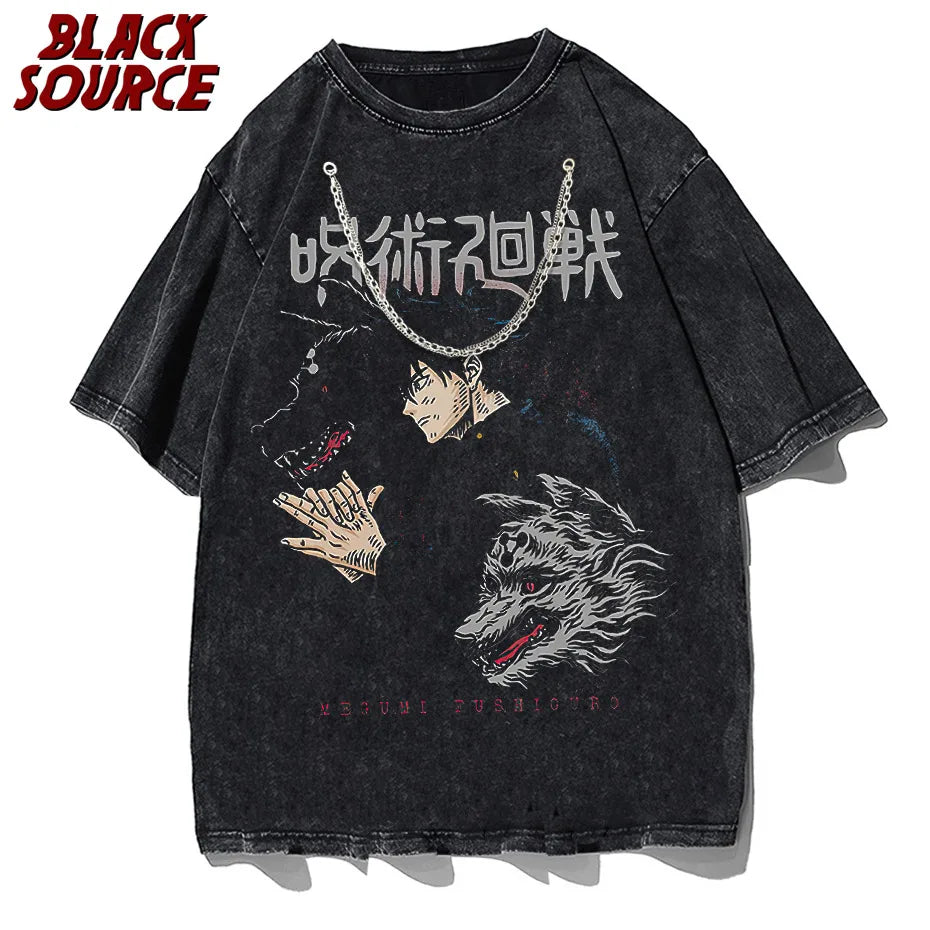 Men Harajuku Black Washed T-Shirt Hip Hop Streetwear Graphic T Shirt Cotton Casual Tshirt Summer Short Sleeve Tops Japan Anime