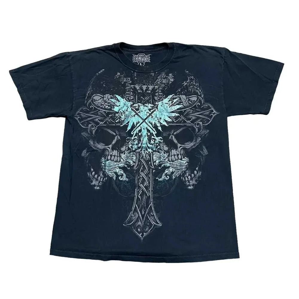 New Harajuku Summer Casual Retro Hip-Hop Grunge Skull Cross Pattern Men's T-shirt Retro Fashion Street Wind Short-Sleeved Tops