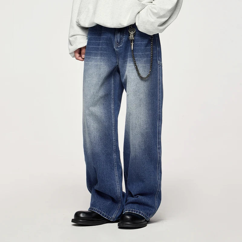 INFLATION Retro Washed Jeans Unisex Stretch Straight Leg Denim Trousers