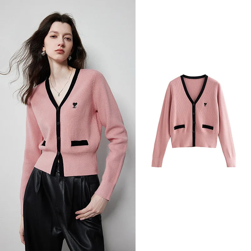 TOYOUTH Women Knitted Sweater 2024 Autumn New V neck Slim Waist Long Sleeve Contrasting Color Woolen Cardigan Tops