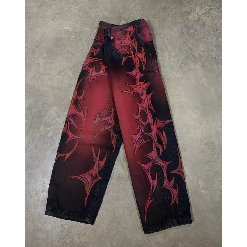 Gothic geometric pattern print design high waisted jeans for men clothing Y2K pop rock dark style American versatile sweatpants