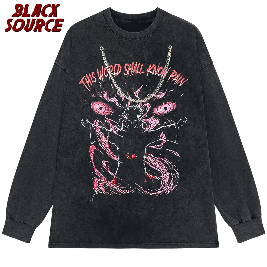 black source Anime Pain Printed T Shirt Men Retro Washed 100% Cotton Tops Tees Harajuku Tshirt Streetwear Hip Hop Male T-shirts