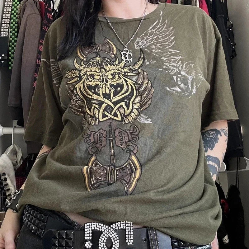 2000s Cyber Grunge Graphic T-shirt Y2K Star Skull Print Short Sleeve Tees Japanese Emo Vintage E girl Gothic T shirt Women Men