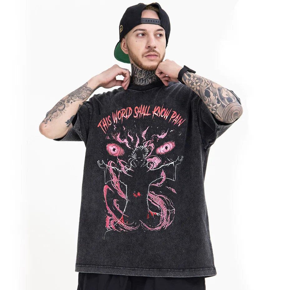 black source Anime Pain Printed T Shirt Men Retro Washed 100% Cotton Tops Tees Harajuku Tshirt Streetwear Hip Hop Male T-shirts