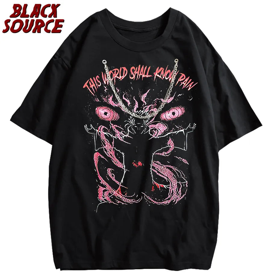 black source Anime Pain Printed T Shirt Men Retro Washed 100% Cotton Tops Tees Harajuku Tshirt Streetwear Hip Hop Male T-shirts