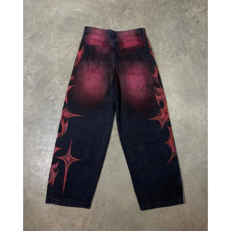 Gothic geometric pattern print design high waisted jeans for men clothing Y2K pop rock dark style American versatile sweatpants