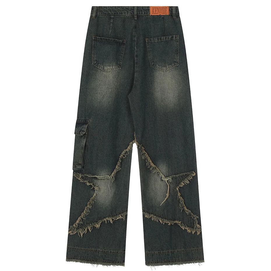 Vintage Baggy Jeans Star Patchwork Loose Straight Denim Pants 2023 New Men Hip Hop Streetwear Jeans