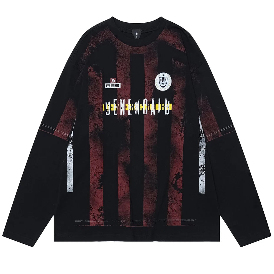 Vintage Long Sleeve T Shirts Striped Sports Tee Harajuku Oversized Hip Hop Streetwear T-shirt Y2K Retro Black Tshirt Unisex