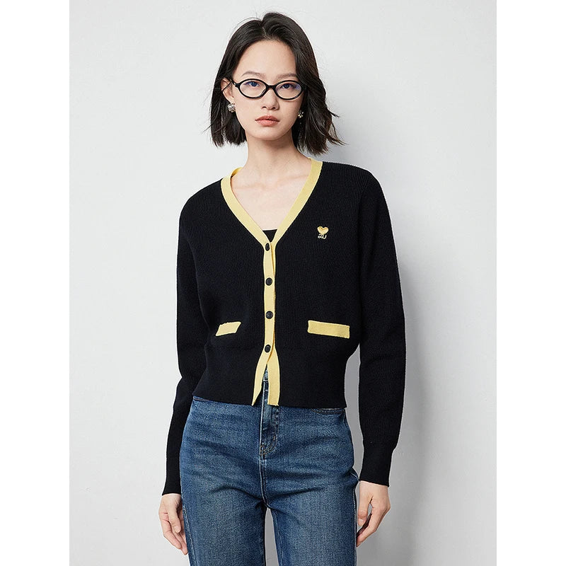 TOYOUTH Women Knitted Sweater 2024 Autumn New V neck Slim Waist Long Sleeve Contrasting Color Woolen Cardigan Tops