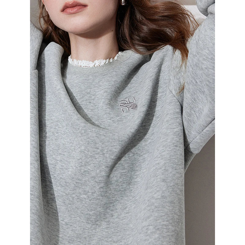 TOYOUTH Women Fleece Hoodies Sweatshirt 2024 Autumn and Winter New Lace Round Neck Pullover Tops