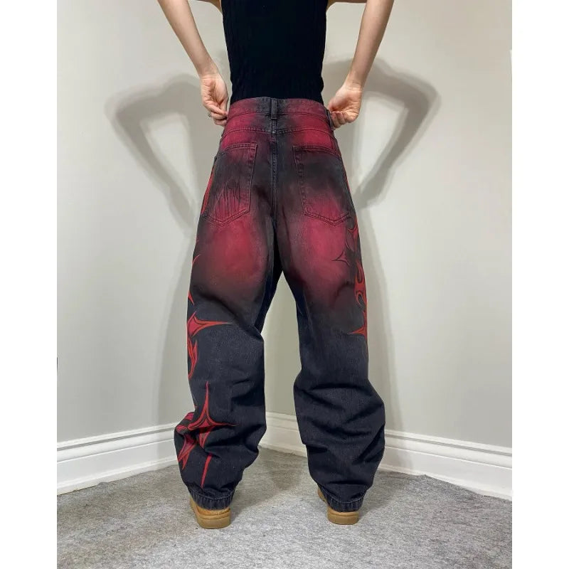 Gothic geometric pattern print design high waisted jeans for men clothing Y2K pop rock dark style American versatile sweatpants