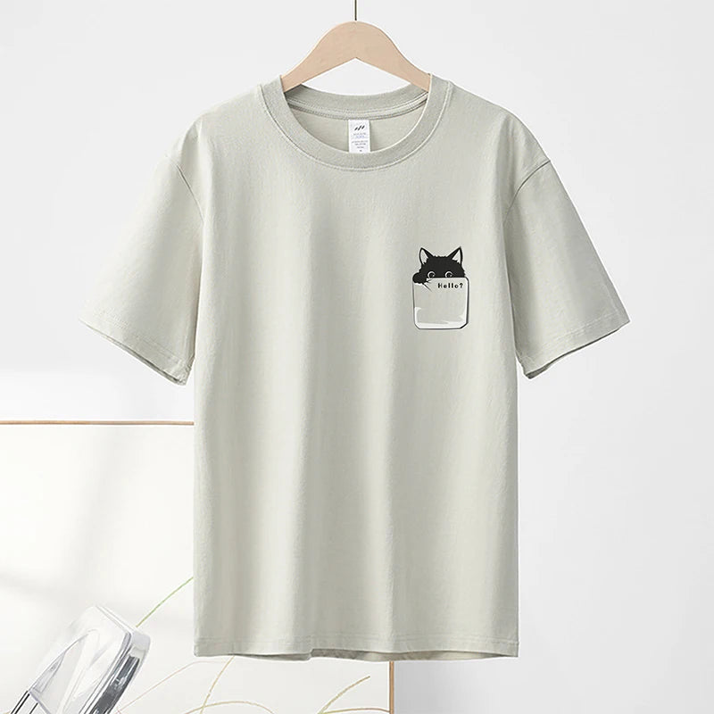 Summer New Pure Cotton Cat Printed Men T-shirts Short Sleeve Casual Solid Color Simple Thin Men Tops BOK0121