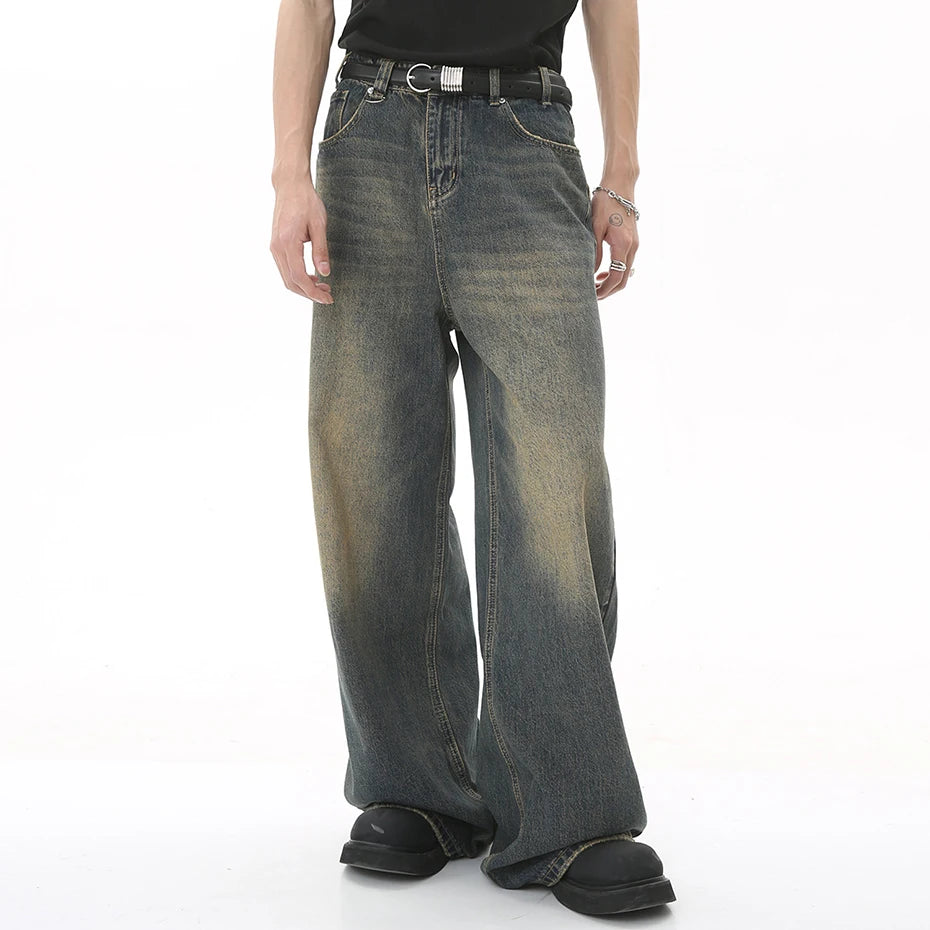 Vintage Blue Loose Denim Pants Men Retro Straight Baggy Jeans 2023 Wide Leg Casual Black Jeans Trousers