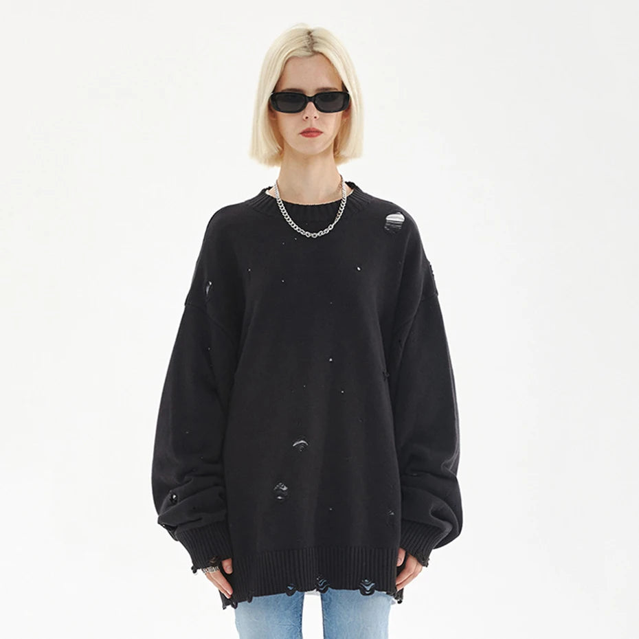 Fashion Ripped Sweaters Harajuku Streetwear Sweaters Men Black White Hip Hop Jumpers Knitted Pullovers Unisex 2023 Y2K Sweater