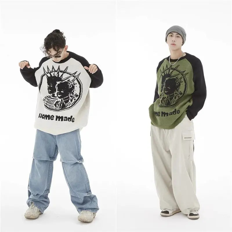 Abstract Portrait Sweater Male Winter American Streetwear Skull Harajuku Knitwear Pullovers Vintage Men's Jumpers Sweaters Knit