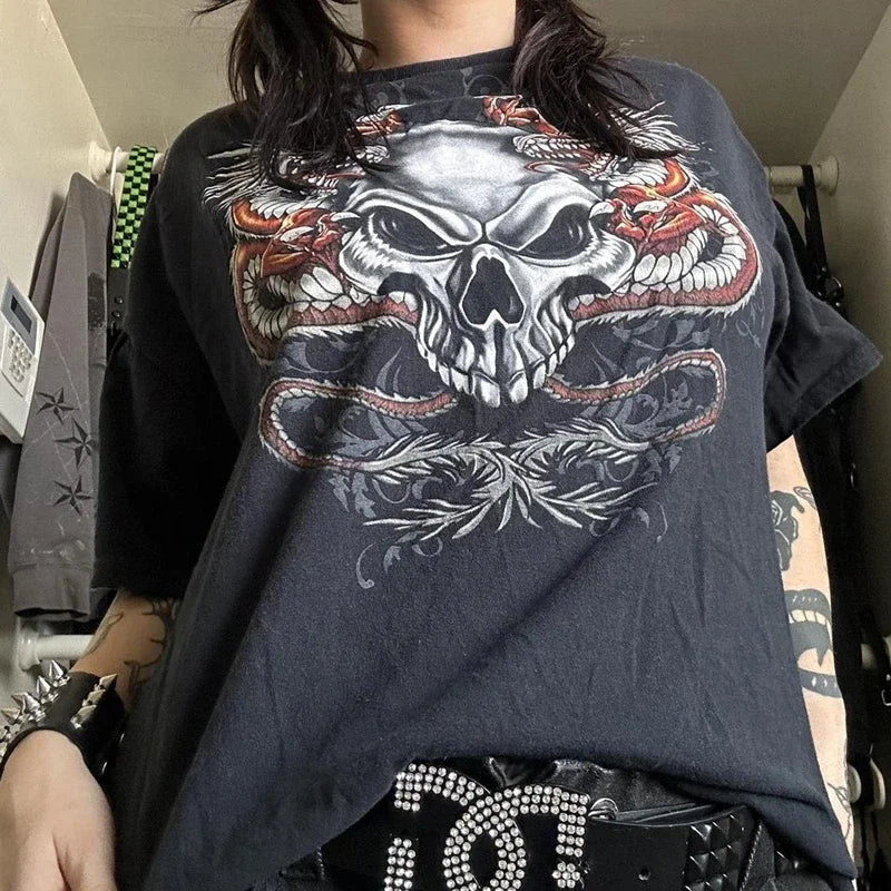 2000s Cyber Grunge Graphic T-shirt Y2K Star Skull Print Short Sleeve Tees Japanese Emo Vintage E girl Gothic T shirt Women Men