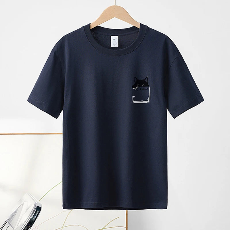 Summer New Pure Cotton Cat Printed Men T-shirts Short Sleeve Casual Solid Color Simple Thin Men Tops BOK0121