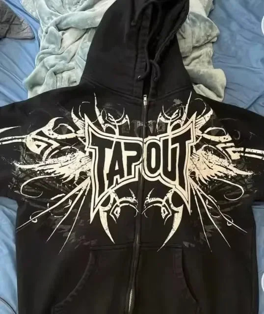 Tapout Zip Hoodie Mens Womens Y2K Sweatshirt Gothic Retro Graphic Letter Embroidery Oversized Black Hoodie Sweatshirt Clothes