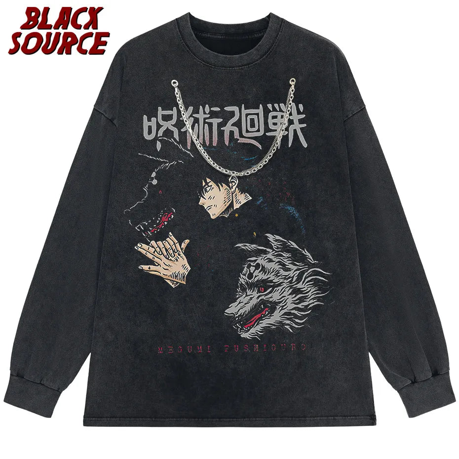 Men Harajuku Black Washed T-Shirt Hip Hop Streetwear Graphic T Shirt Cotton Casual Tshirt Summer Short Sleeve Tops Japan Anime