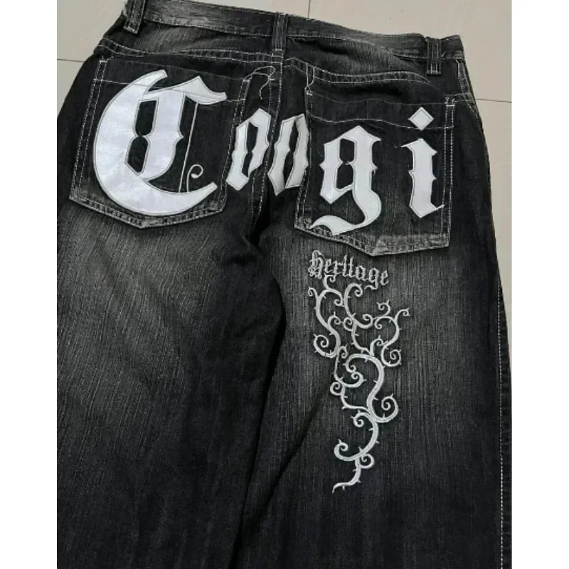 Gothic geometric pattern print design high waisted jeans for men clothing Y2K pop rock dark style American versatile sweatpants