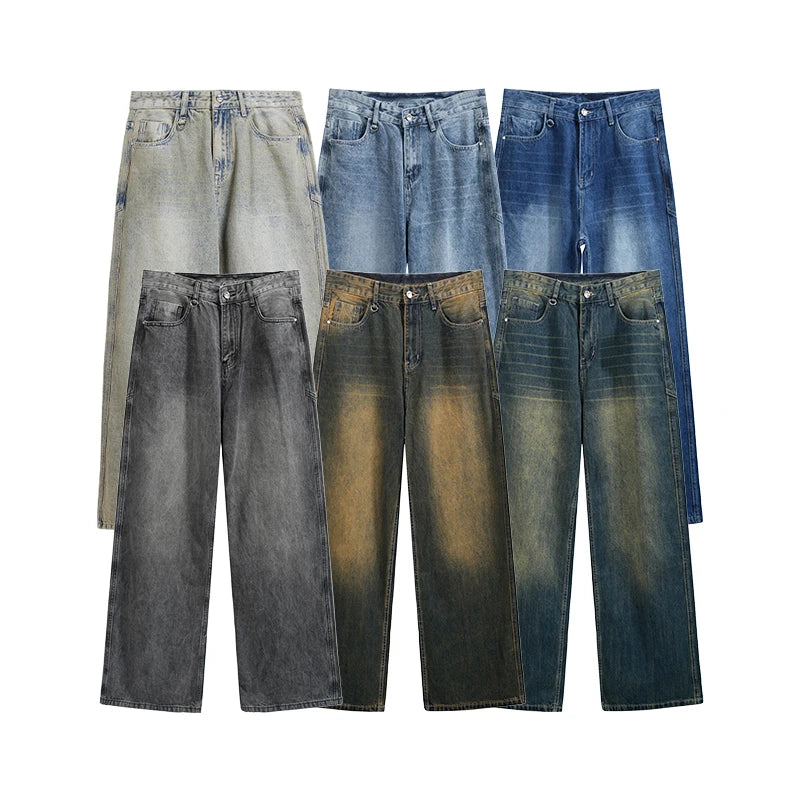 INFLATION Retro Washed Jeans Unisex Stretch Straight Leg Denim Trousers