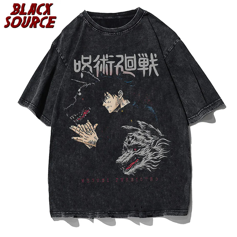 Men Harajuku Black Washed T-Shirt Hip Hop Streetwear Graphic T Shirt Cotton Casual Tshirt Summer Short Sleeve Tops Japan Anime