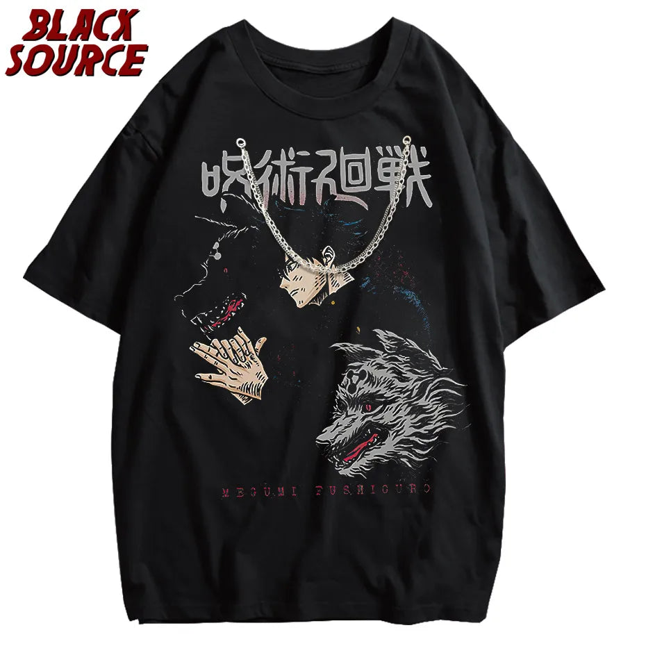 Men Harajuku Black Washed T-Shirt Hip Hop Streetwear Graphic T Shirt Cotton Casual Tshirt Summer Short Sleeve Tops Japan Anime