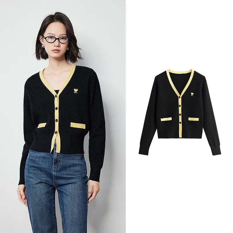 TOYOUTH Women Knitted Sweater 2024 Autumn New V neck Slim Waist Long Sleeve Contrasting Color Woolen Cardigan Tops