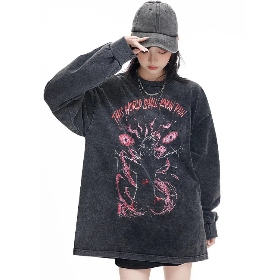 black source Anime Pain Printed T Shirt Men Retro Washed 100% Cotton Tops Tees Harajuku Tshirt Streetwear Hip Hop Male T-shirts