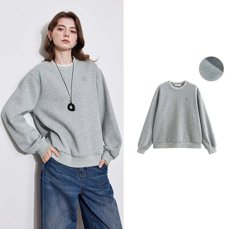 TOYOUTH Women Fleece Hoodies Sweatshirt 2024 Autumn and Winter New Lace Round Neck Pullover Tops