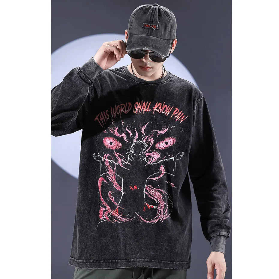 black source Anime Pain Printed T Shirt Men Retro Washed 100% Cotton Tops Tees Harajuku Tshirt Streetwear Hip Hop Male T-shirts