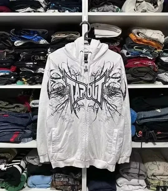 Tapout Zip Hoodie Mens Womens Y2K Sweatshirt Gothic Retro Graphic Letter Embroidery Oversized Black Hoodie Sweatshirt Clothes