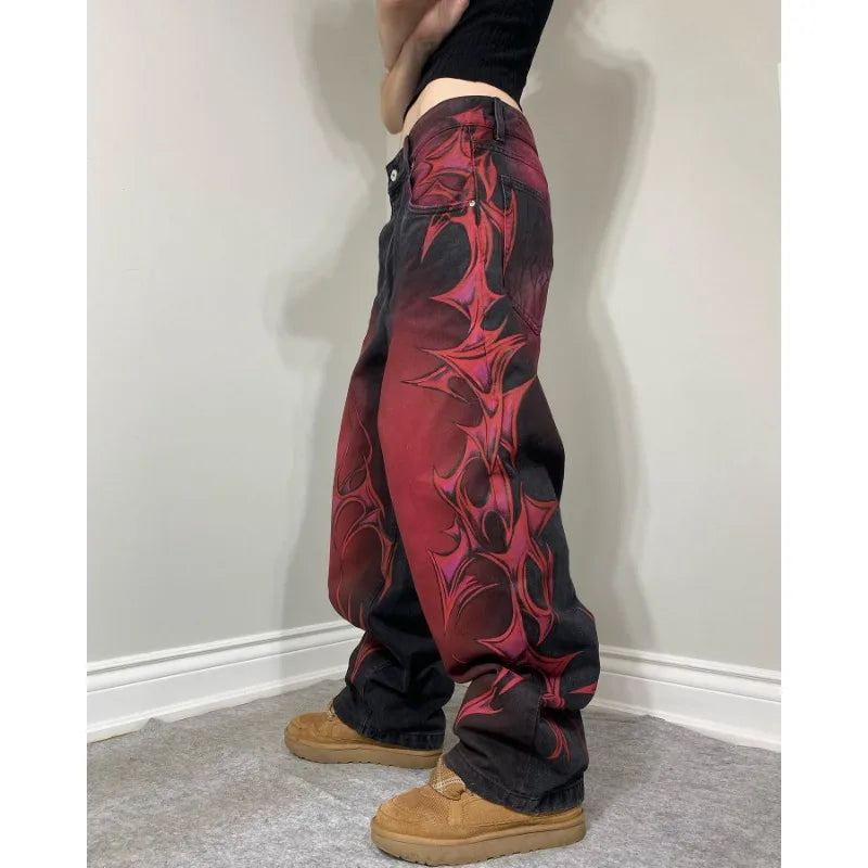 Gothic geometric pattern print design high waisted jeans for men clothing Y2K pop rock dark style American versatile sweatpants