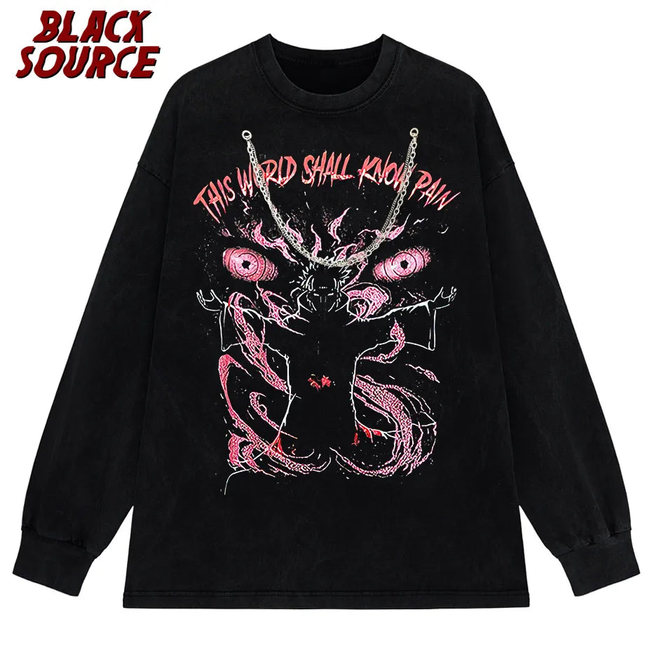 black source Anime Pain Printed T Shirt Men Retro Washed 100% Cotton Tops Tees Harajuku Tshirt Streetwear Hip Hop Male T-shirts
