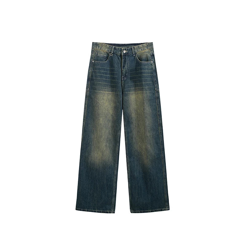 INFLATION Retro Washed Jeans Unisex Stretch Straight Leg Denim Trousers