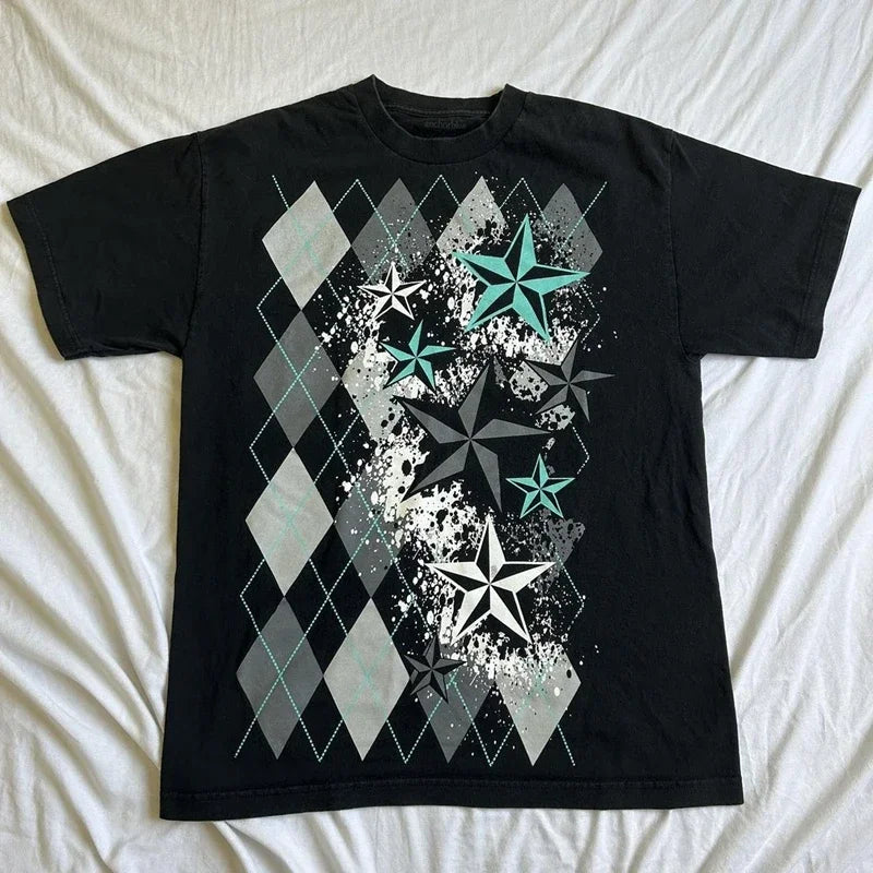2000s Cyber Grunge Graphic T-shirt Y2K Star Skull Print Short Sleeve Tees Japanese Emo Vintage E girl Gothic T shirt Women Men