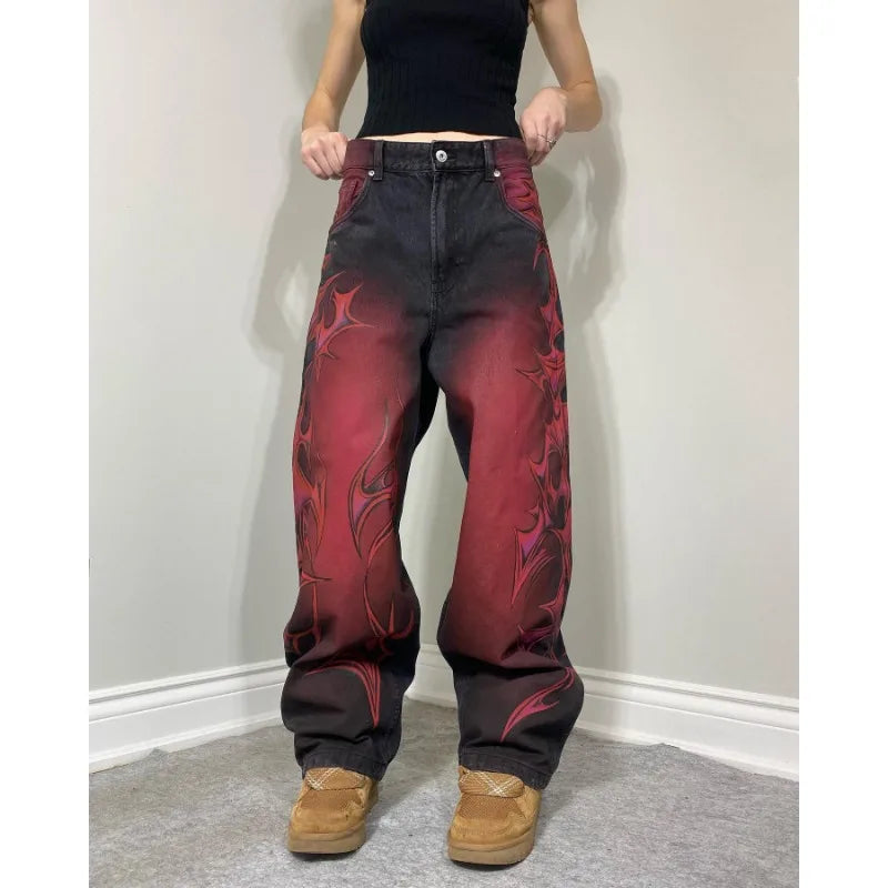 Gothic geometric pattern print design high waisted jeans for men clothing Y2K pop rock dark style American versatile sweatpants