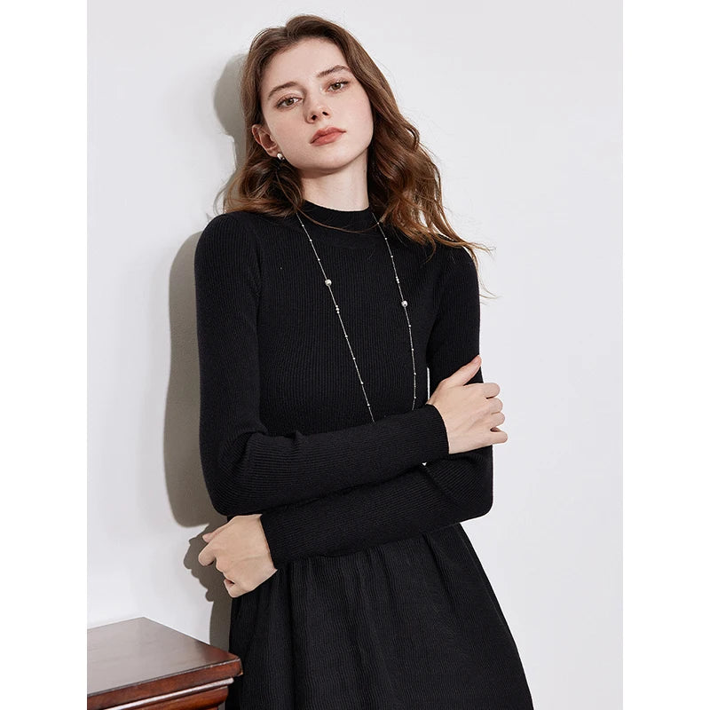 TOYOUTH Women Dress 2024 Autumn Winter New Turtleneck Collar Splicing Mid Length Slim Fit Warm Black Dress
