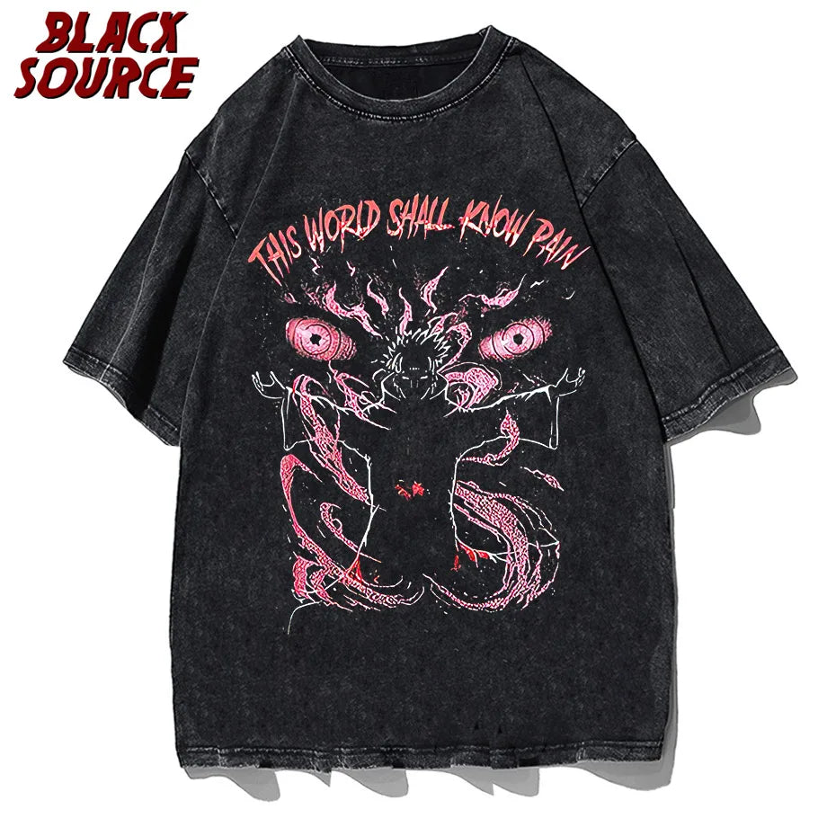 black source Anime Pain Printed T Shirt Men Retro Washed 100% Cotton Tops Tees Harajuku Tshirt Streetwear Hip Hop Male T-shirts