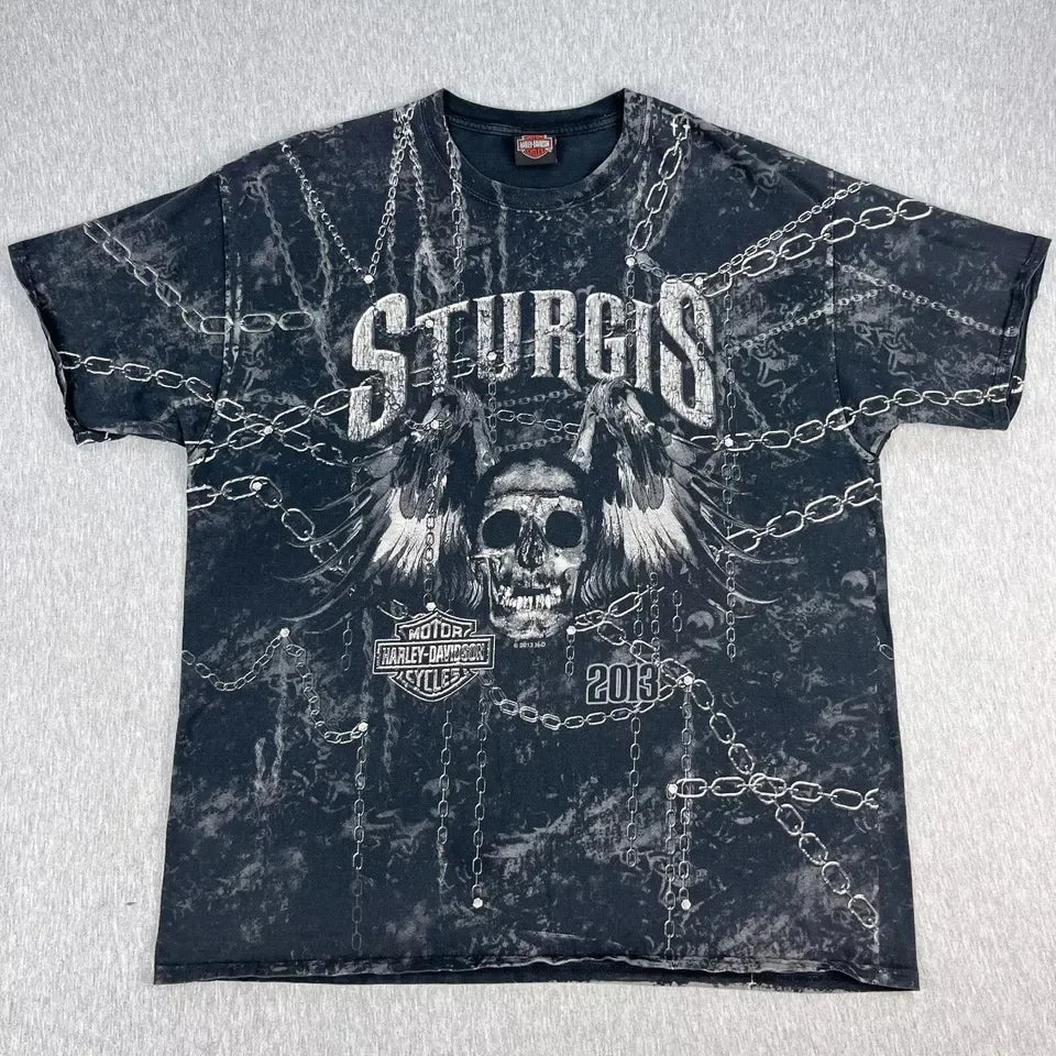 New Harajuku Summer Casual Retro Hip-Hop Grunge Skull Cross Pattern Men's T-shirt Retro Fashion Street Wind Short-Sleeved Tops