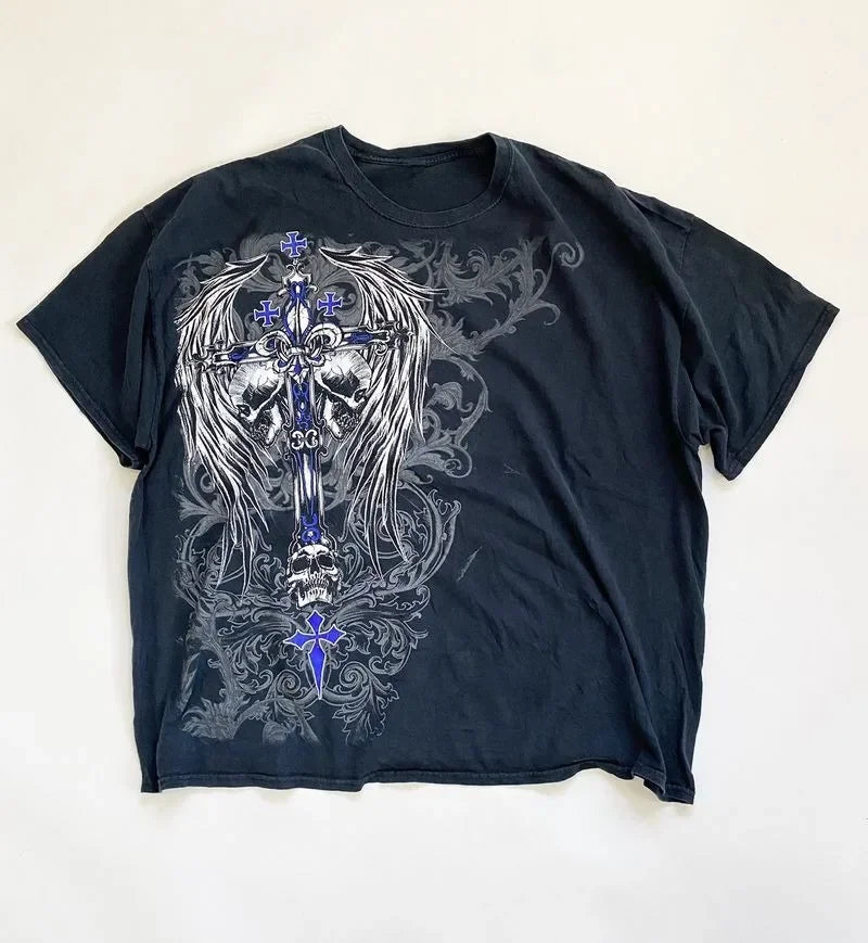 New Harajuku Summer Casual Retro Hip-Hop Grunge Skull Cross Pattern Men's T-shirt Retro Fashion Street Wind Short-Sleeved Tops