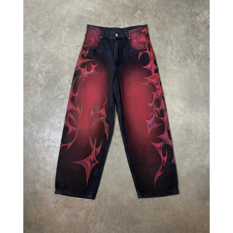 Gothic geometric pattern print design high waisted jeans for men clothing Y2K pop rock dark style American versatile sweatpants