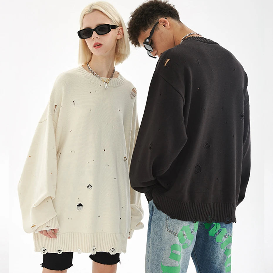 Fashion Ripped Sweaters Harajuku Streetwear Sweaters Men Black White Hip Hop Jumpers Knitted Pullovers Unisex 2023 Y2K Sweater
