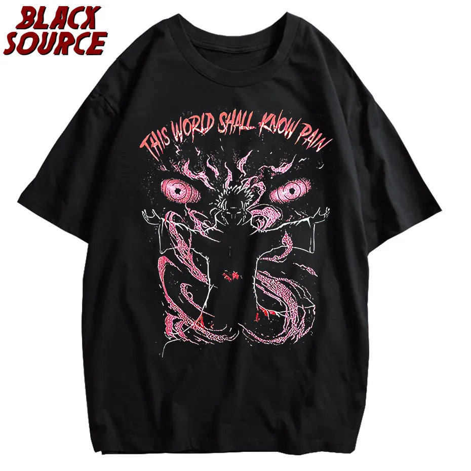 black source Anime Pain Printed T Shirt Men Retro Washed 100% Cotton Tops Tees Harajuku Tshirt Streetwear Hip Hop Male T-shirts